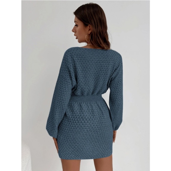 Blue Knit Batwing Long Sleeve Fitted Waist Mini Short Winter Dress - Picture 3 of 9